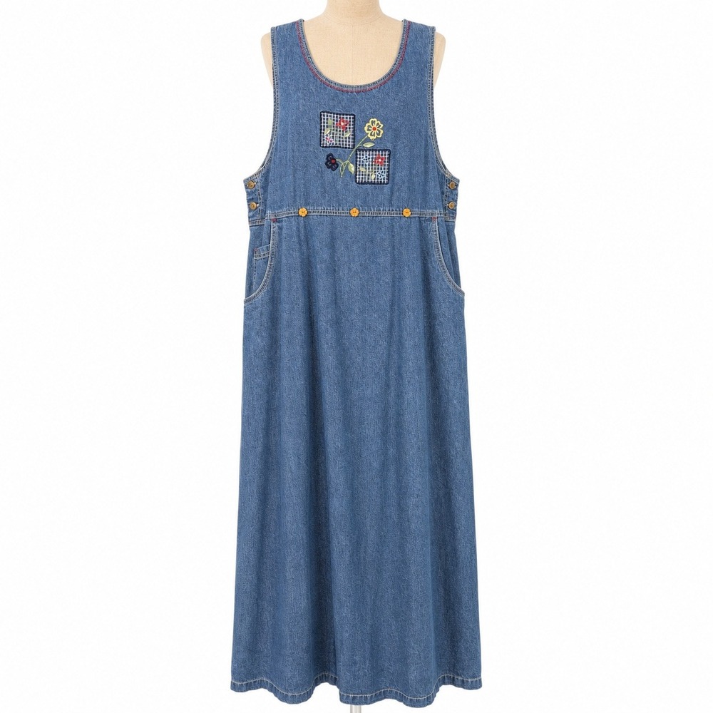 Vintage 90s Floral Embroidered Denim Maxi Dress L Sleeveless Western Cottagecore